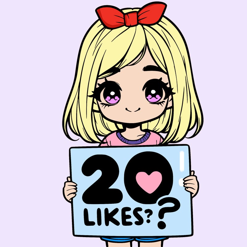 cute realistic girl holding a sign that says 20 likes?