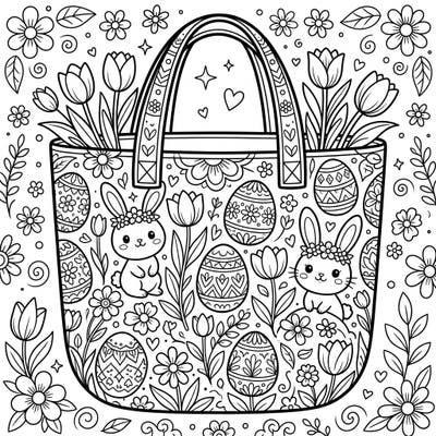 Immerse yourself in the joy of spring with this delightful Easter tote bag coloring page, overflowing with cute bunnies, beautifully decorated eggs, and vibrant tulips. Perfect for celebrating the season, this intricate design offers hours of creative relaxation for all ages.