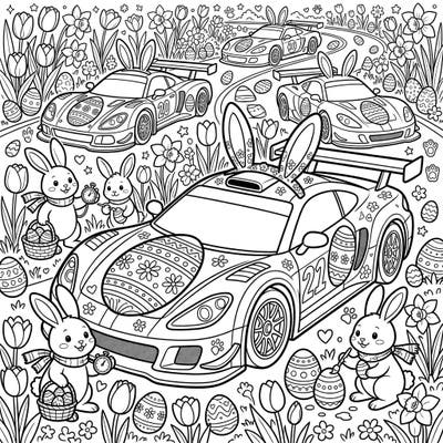 Dive into the festive spirit with this unique Easter coloring page, blending the thrill of endurance racing cars with adorable bunnies and spring blossoms. It's the perfect creative activity for both car enthusiasts and Easter fans looking for a detailed and engaging art project.