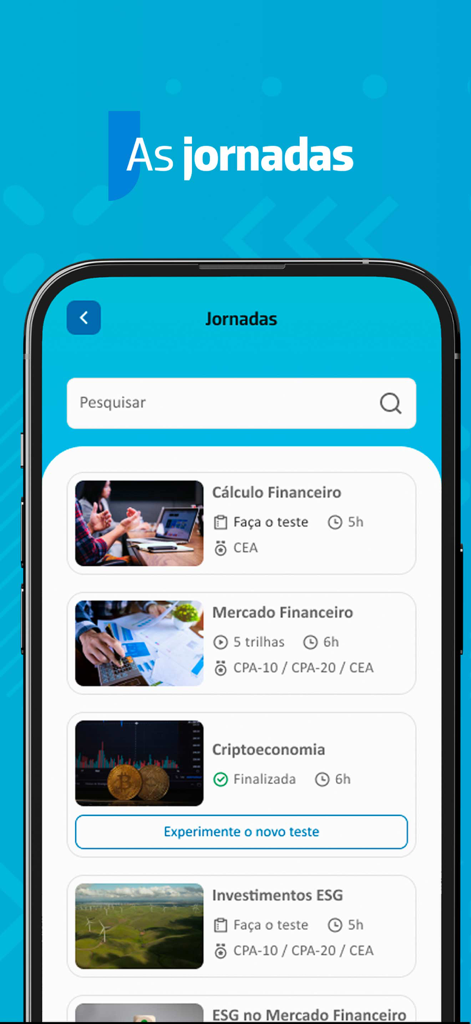 ANBIMA Edu - ANBIMA Edu app screen displaying financial education journeys like Cryptoeconomy and ESG Investments.
