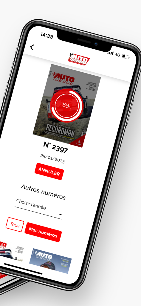AUTOhebdo Magazine - iPhone screen displaying the AUTOhebdo app with a racing magazine issue currently downloading