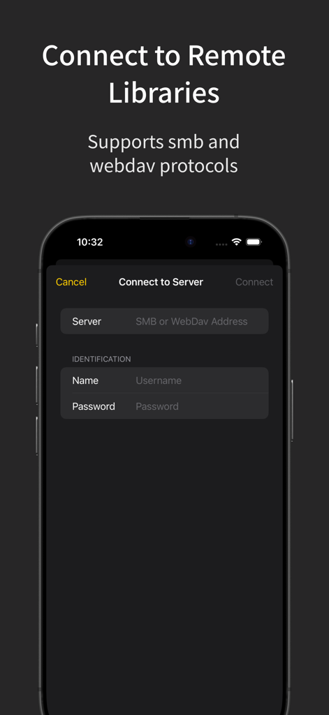 Interface for connecting to remote comic libraries using SMB and WebDAV protocols