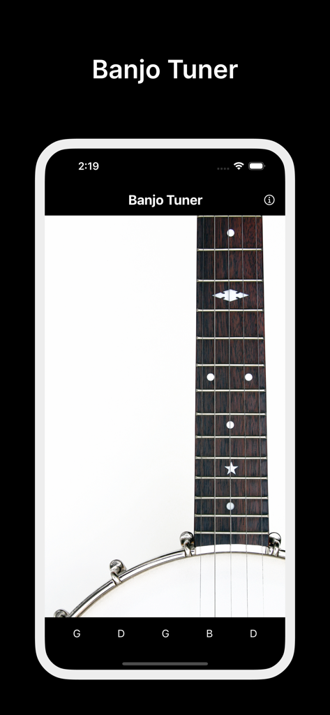 Banjo Tuner - Banjo Tuner app interface showing reference notes for 5-string banjo tuning