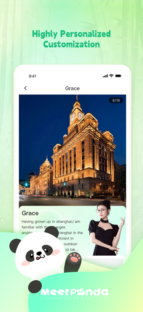 MeetPanda - China Travel Guide - MeetPanda app screen displaying a personalized travel guide profile for Shanghai