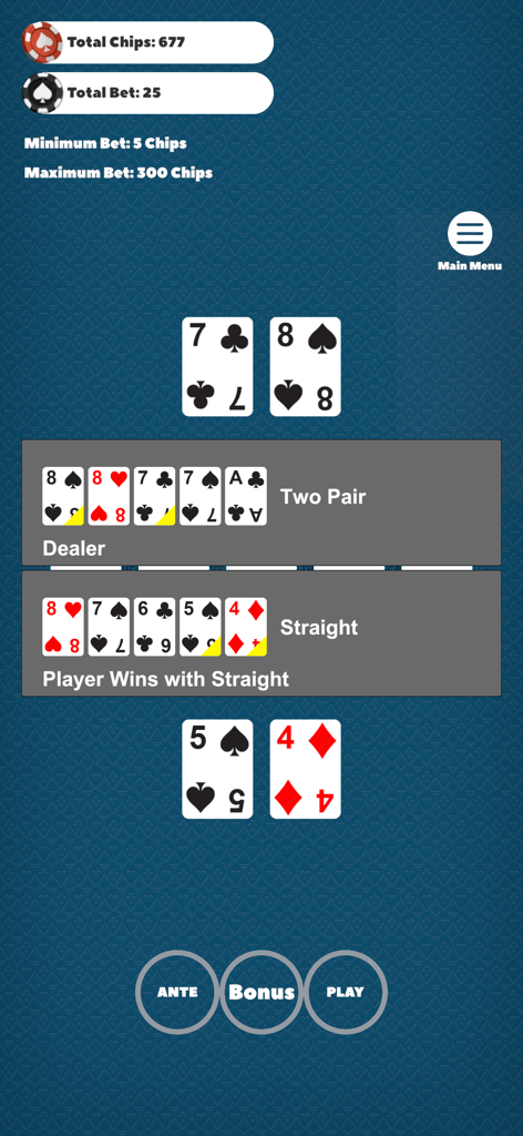 Holdem Poker Duo - Captura de pantalla de la jugabilidad de Holdem Poker Duo mostrando a un jugador ganando con una escalera contra el crupier.