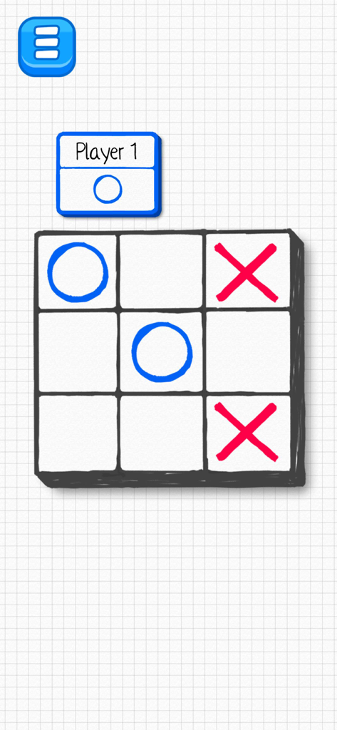 A simple Tic Tac Toe mini game screen with blue circles and red crosses