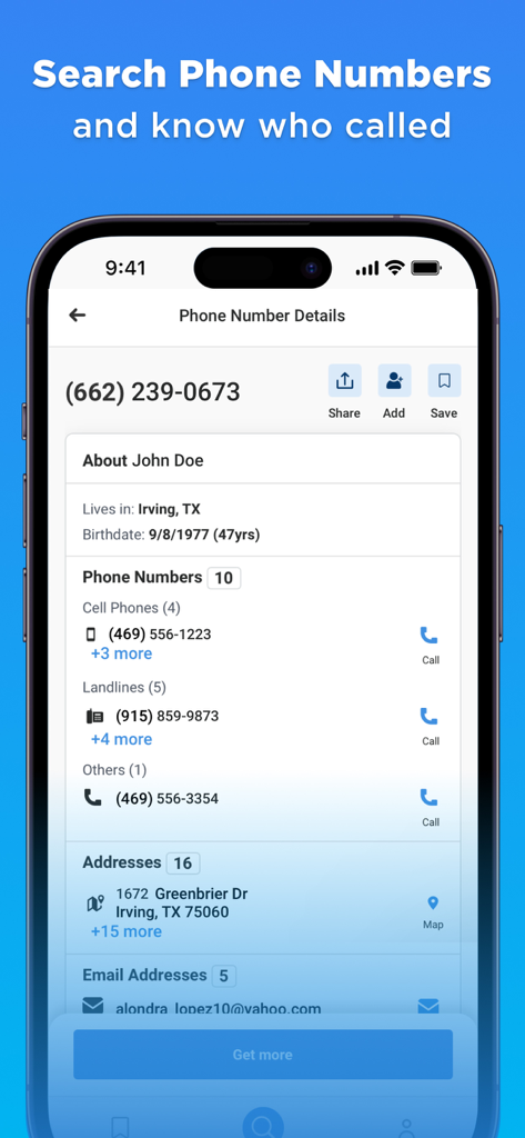 Whitepages Search, Find People - Whitepages app interface displaying phone number details including owner name, address, and contact information
