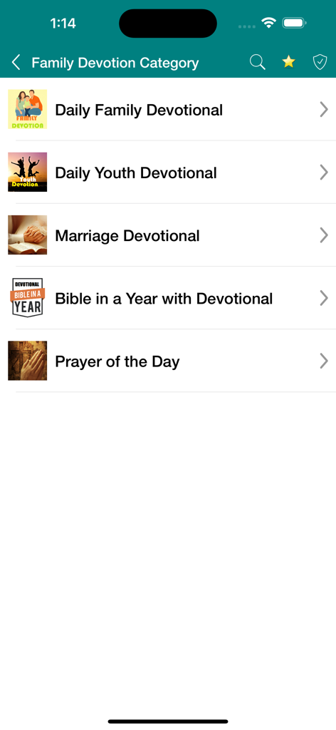 Family Devotional - Main menu screen of the Family Devotional app listing categories for daily family, youth, and marriage devotionals.