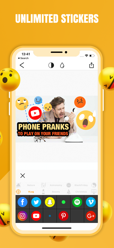 Thumbnail Maker Studio Editor - Interfaz de la aplicación móvil Thumbnail Maker Studio Editor mostrando un diseño de miniatura de YouTube para bromas telefónicas con stickers de emoji e íconos de redes sociales.
