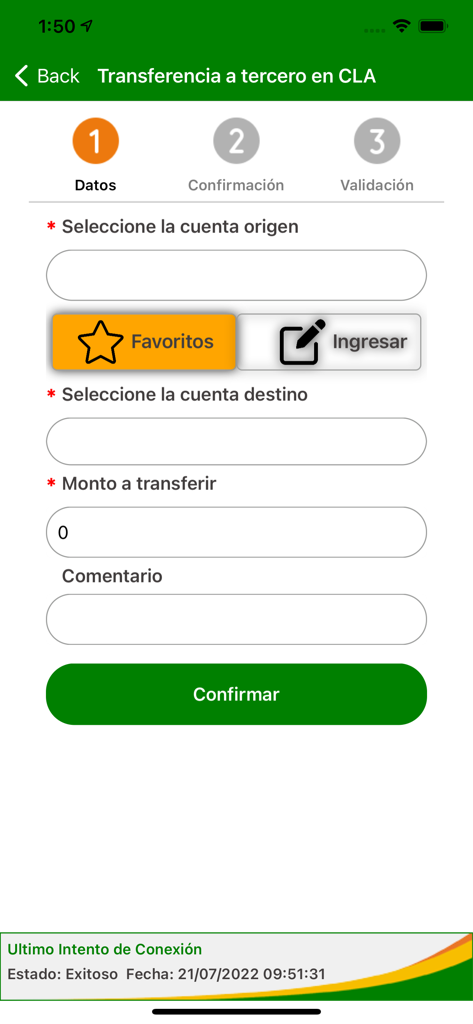 Pantalla de transferencia a terceros en la aplicacion movil de Cooperativa La Altagracia