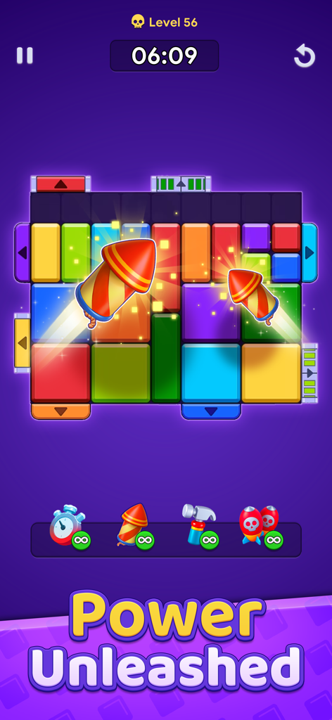 Des blocs colorés sont éliminés par des bonus fusée dans un niveau de puzzle Slide Block