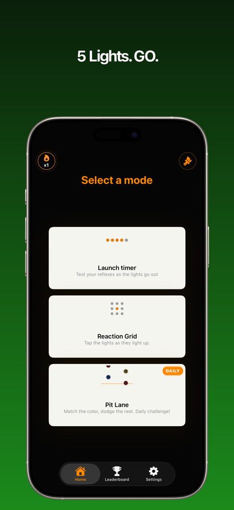 Lights Out: Reaction Time Game - Lights Out app home screen showing game modes including Launch Timer Reaction Grid and Pit Lane