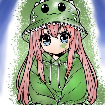 girl with anime shaped eyes with a dinosaur bucket hat oversized sweatshirt long straight hair