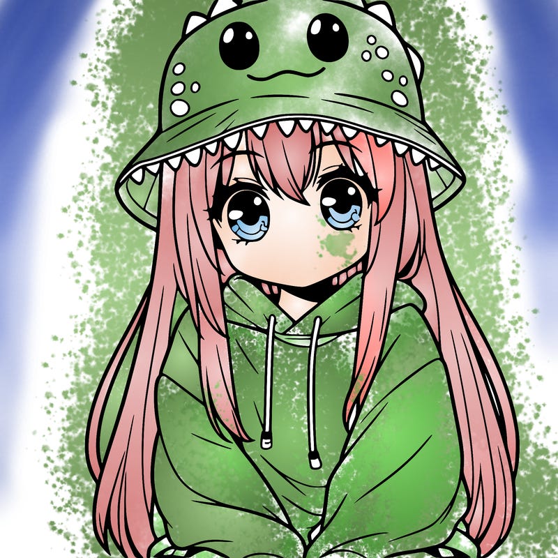 girl with anime shaped eyes with a dinosaur bucket hat oversized sweatshirt long straight hair