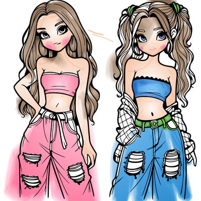 2 girls in crop tops and baggy jeans ripped