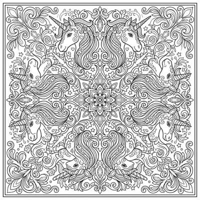 Dive into a world of magic with this intricate kaleidoscope unicorn coloring page, featuring beautiful mirrored patterns of majestic unicorns. This full-page design offers a captivating and detailed coloring experience for all ages.