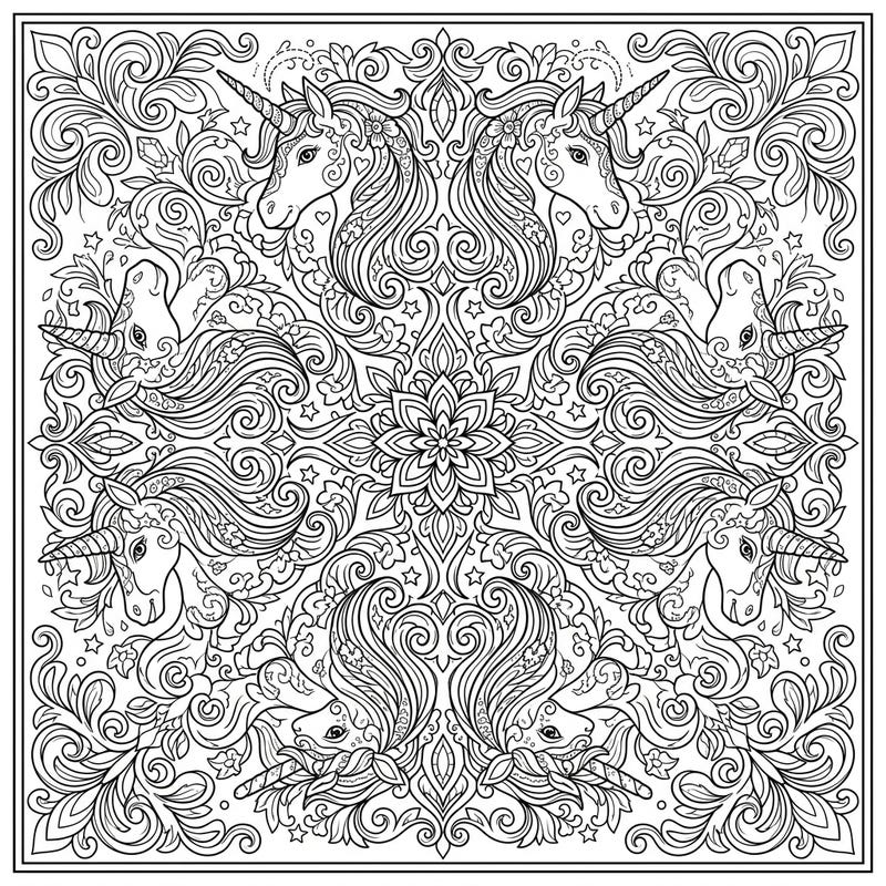 Dive into a world of magic with this intricate kaleidoscope unicorn coloring page, featuring beautiful mirrored patterns of majestic unicorns. This full-page design offers a captivating and detailed coloring experience for all ages.