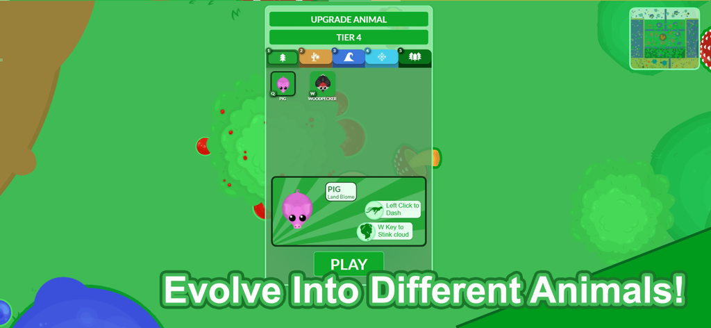 mope.io - mope.io-Gameplay-Screenshot, der das Menü zur Aufrüstung von Tieren für die Evolution der Stufe 4 mit Optionen für Schwein oder Specht zeigt