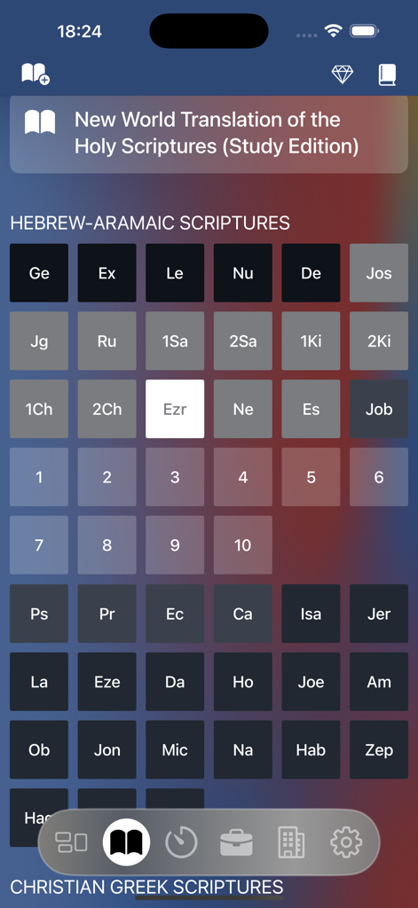 JW Service - A screen showing a grid of Bible books in the JW Service app for tracking and selecting scriptures for reading