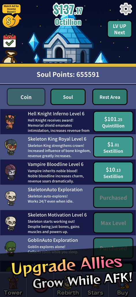 Idle Demon Tower: Monster RPG - Captura de tela da jogabilidade mostrando atualizações de aliados monstros como Hell Knight e Skeleton King em Idle Demon Tower