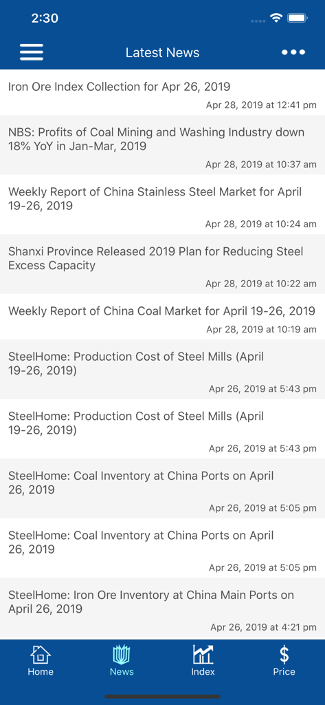 SteelHome - SteelHome app latest news screen showing headlines about iron ore and coal markets