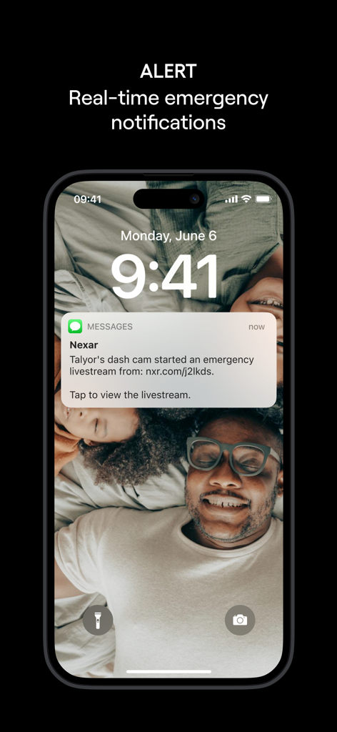 Nexar Connect - iPhone lock screen displaying a Nexar real-time emergency livestream notification over a family photo background