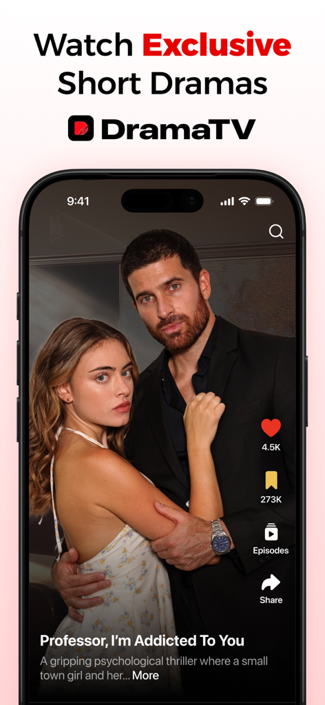DramaTV – Watch Drama Shorts - Tela do iPhone exibindo um drama curto vertical intitulado Professor Im Addicted To You na interface do aplicativo DramaTV