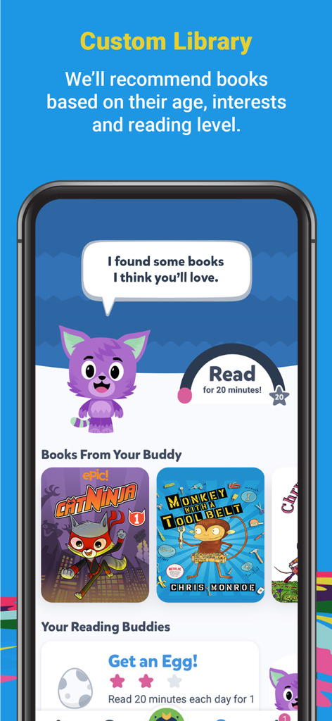 Personalized book recommendations and reading buddy feature in the Epic app for kids