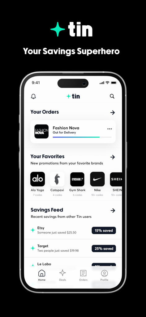 Tin app dashboard showing order tracking, favorite brand coupons, and a live savings feed on an iPhone.