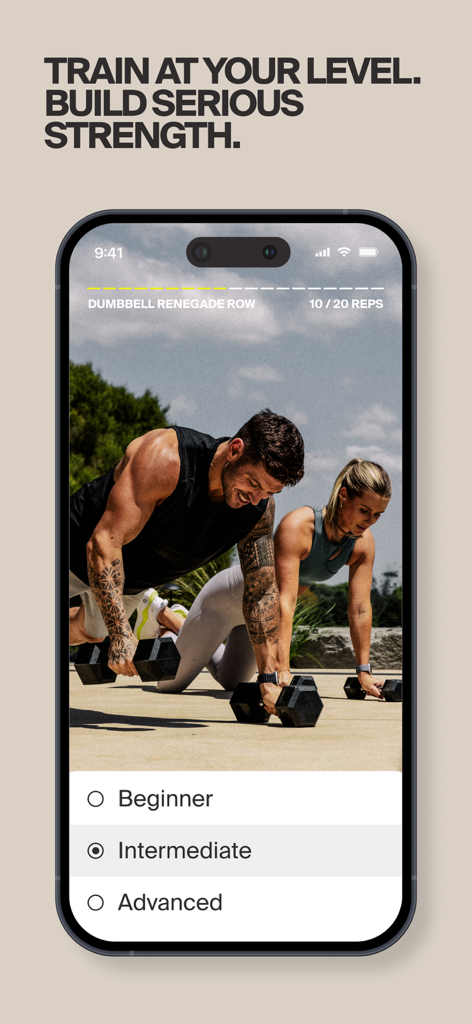 Two people performing dumbbell renegade rows on the Centr app with level options