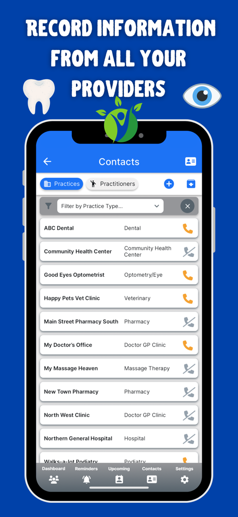 A list of healthcare provider contacts in the KeepTrackMed app including dental, pharmacy, and general clinics.