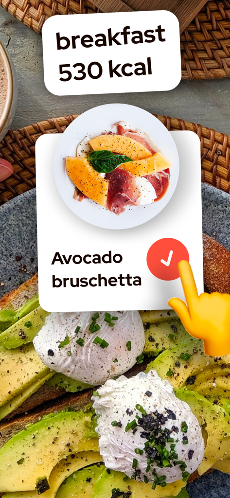 Diet: Weight loss Healthy food - Interfaz de la app Diet mostrando una opción de desayuno saludable de bruschetta de aguacate con 530 calorías