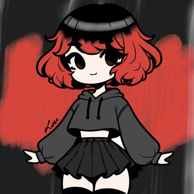 cute femboy with short, fluffy hair that softly frames their face, wearing a cropped hoodie, paired with a flouncy short skirt, and thigh-high stockings