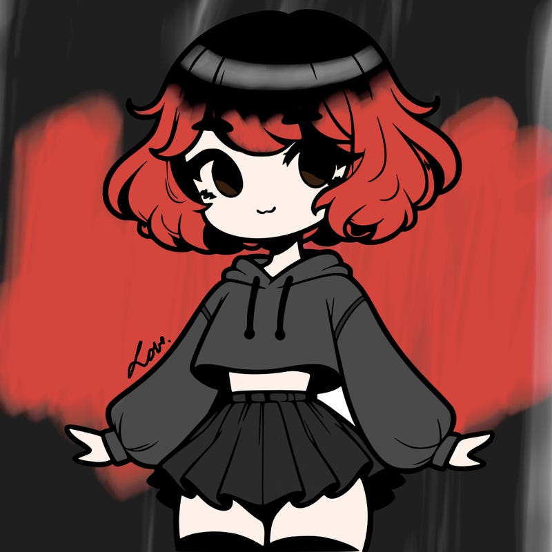 cute femboy with short, fluffy hair that softly frames their face, wearing a cropped hoodie, paired with a flouncy short skirt, and thigh-high stockings