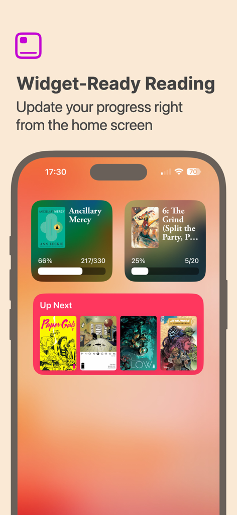 Storylines app widgets on an iPhone home screen displaying reading progress and a reading list