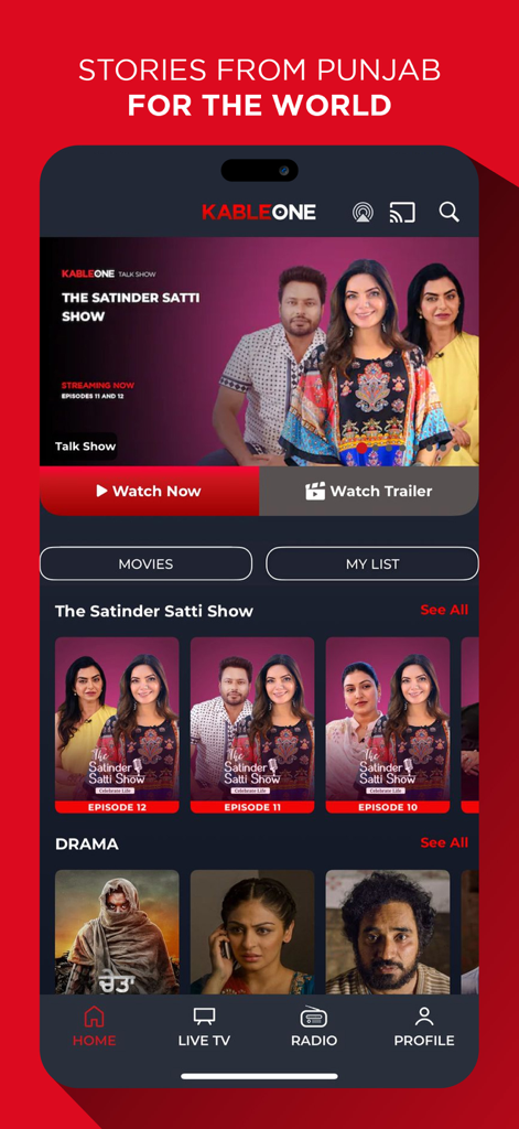 KableOne - Home of Punjabi OTT - KableOne mobile app home screen showing Punjabi talk shows and drama movies