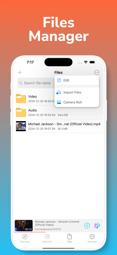 Offline Player app Files Manager screen showing video and audio folders with an import options menu