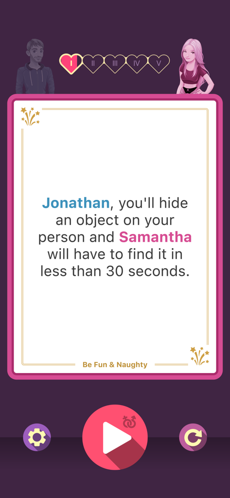 Couple Game : Spicy Challenges - Pantalla de juego de una aplicación de juego para parejas que muestra un reto romántico personalizado