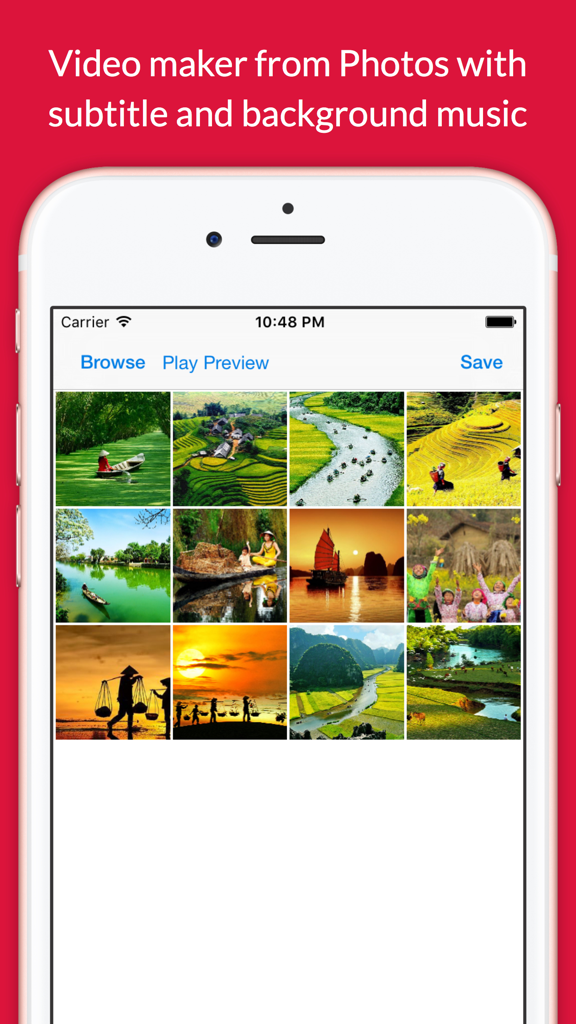 Un'interfaccia mobile per selezionare foto per creare uno slideshow video con musica e sottotitoli.