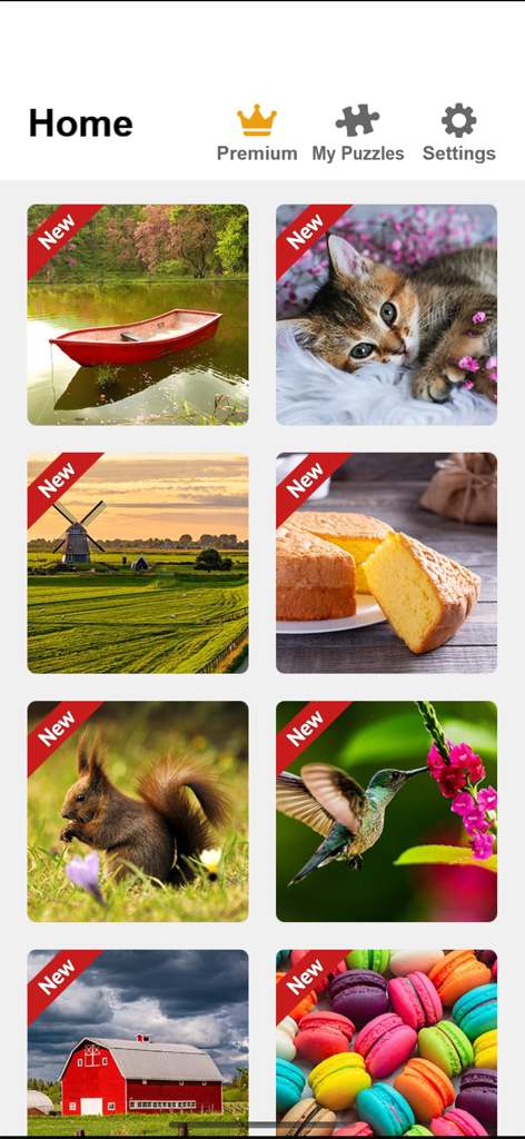 Wonderful Jigsaw - Puzzle Game - Home screen of the Wonderful Jigsaw puzzle game showing a selection of colorful puzzle images including animals and landscapes.