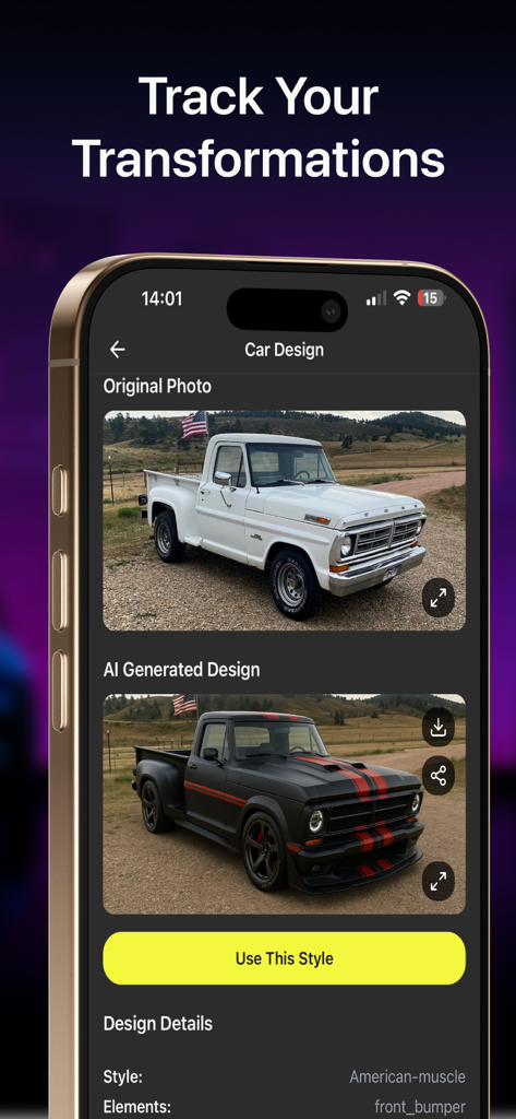 Car Designer: AI Tuning - Comparación de antes y después de una camioneta blanca clásica y un diseño de camioneta muscle negra generada por IA
