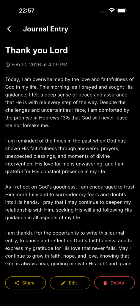 Bible Study Buddy - Una pantalla de entrada de diario en la aplicación Bible Study Buddy titulada Gracias Señor con una reflexión sobre la fe y la gratitud.