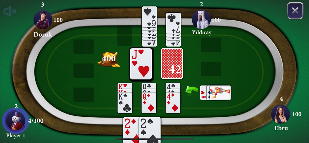 Yanik - Gameplay screen of Yanik card game showing a green table with four players and sequences of playing cards.