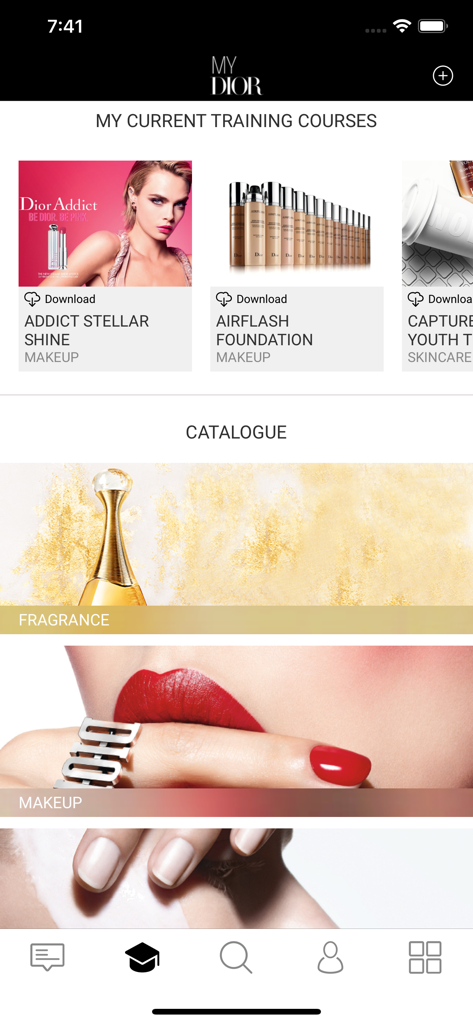 Tableau de bord de l'application de formation interne MY DIOR montrant des cours pour les catégories maquillage et parfums