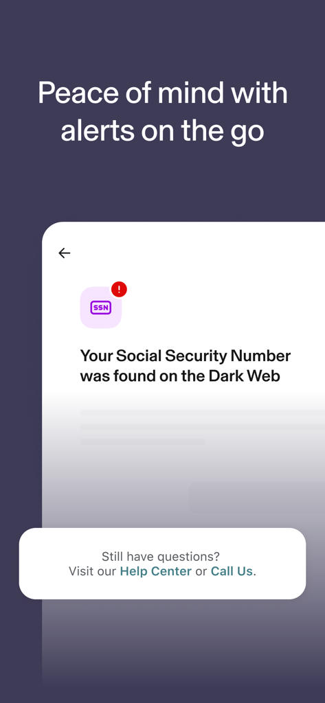 Identity Guard: ID Protection - Identity Guard app notification screen warning that a Social Security Number was found on the dark web