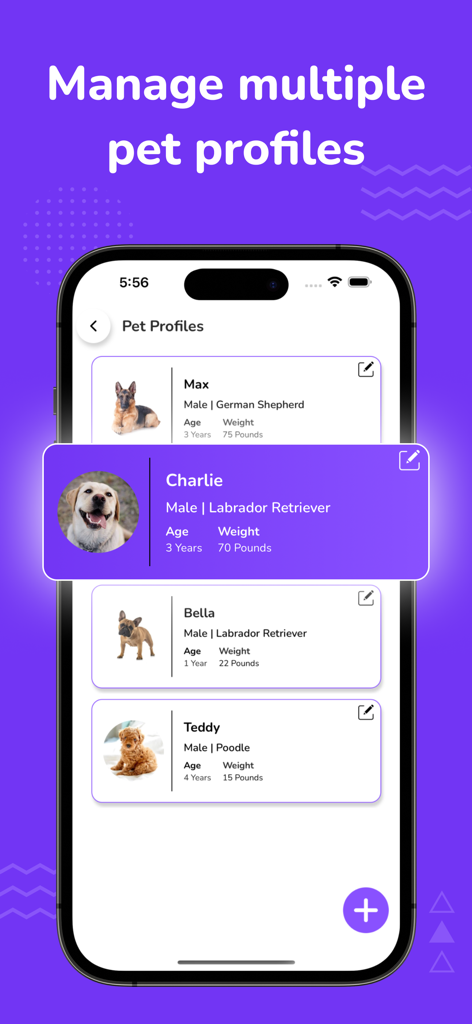 Dog Training App: Train My Dog - Uma tela de smartphone do Dog Training App mostrando uma lista de múltiplos perfis de pets incluindo informações de raça e peso.