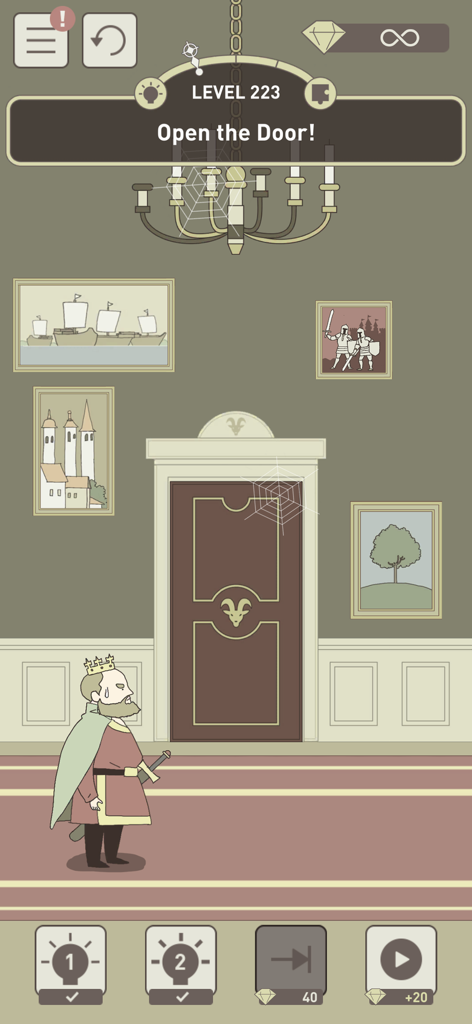 Captura de pantalla del juego IQ Dungeon que muestra el Nivel 223 con un rey de pie ante una puerta cerrada y el objetivo Abrir la Puerta.