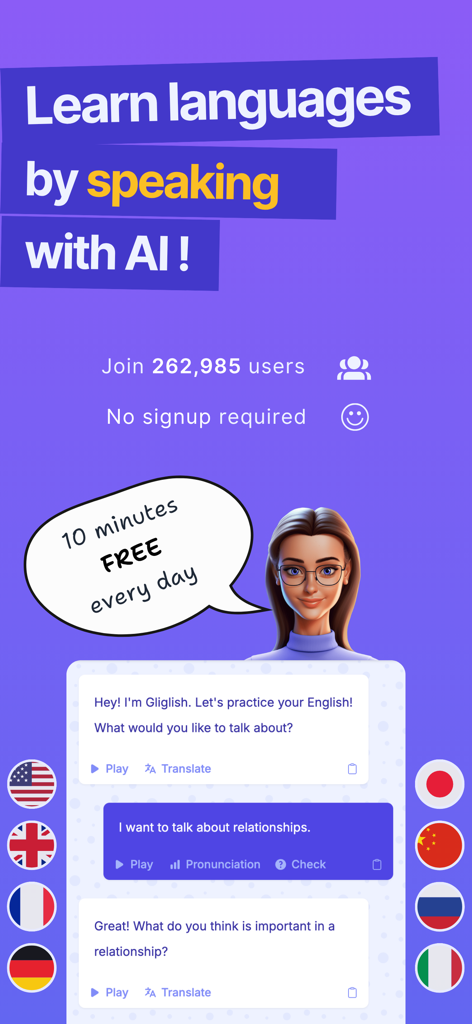 Interfaccia dell'app Gliglish che mostra come imparare le lingue parlando con l'AI