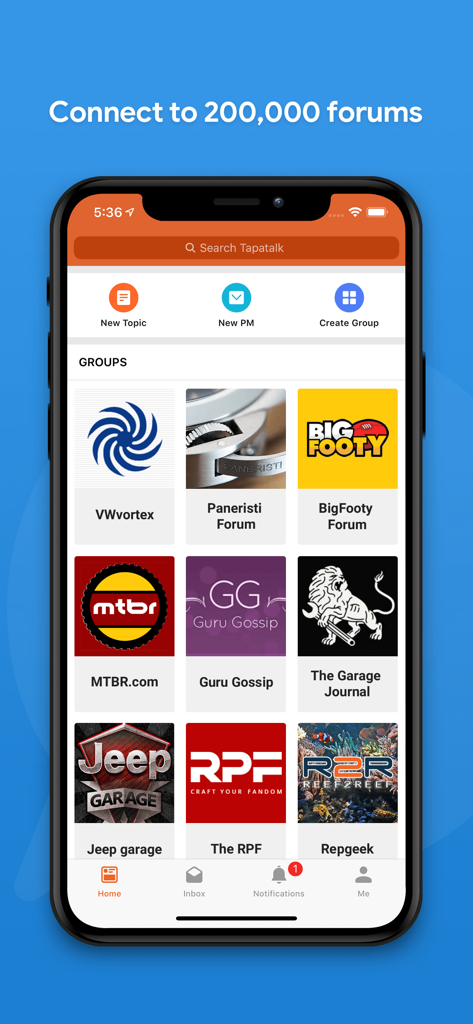 Tapatalk - 200,000+ Forums - Interfaz de la aplicación móvil Tapatalk mostrando una cuadrícula de foros basados en intereses como Jeep Garage y Guru Gossip