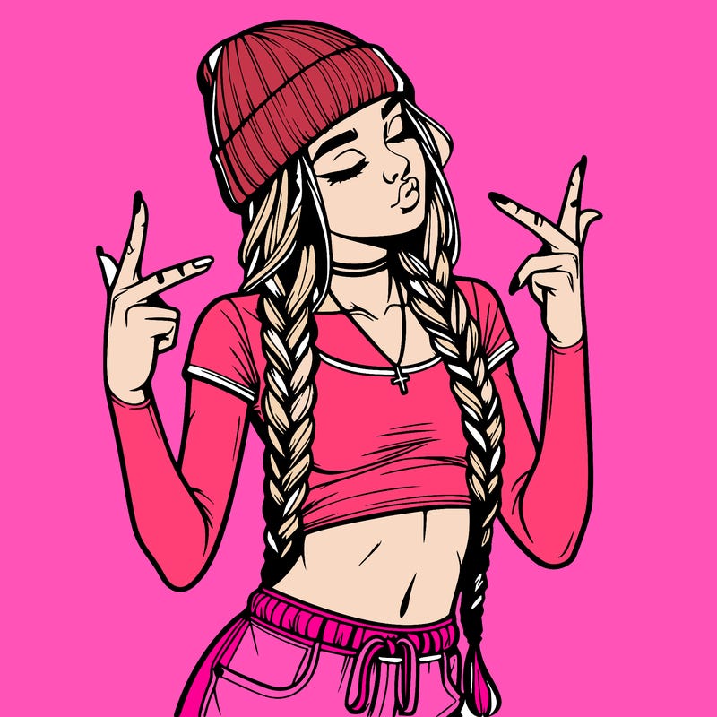 realistic teenage girl with braids and a beanie and crop top doing 🫶🏼
